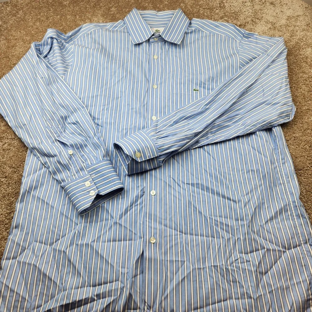 Lacoste Mens Blue White Striped Long Sleeve Button Down Shirt Size 42 L - Picture 4 of 6